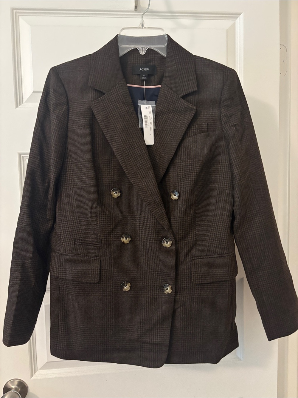J.Crew Double-Breasted Blazer Wool Blend Chocolate houndstooth plaid SZ 8 NWT